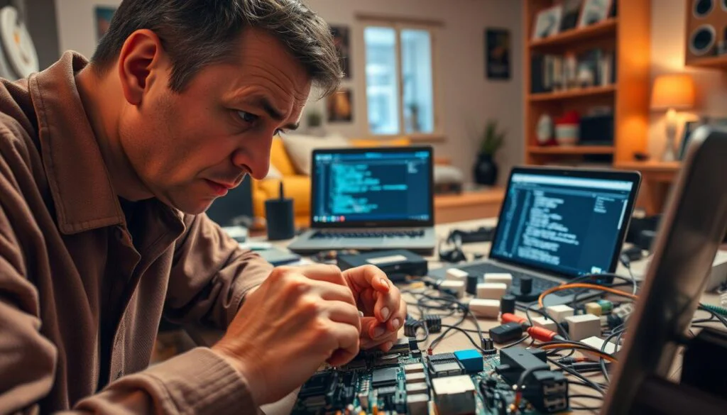A technician troubleshooting a complex home automation system, surrounded by a clutter of wires, electronic devices, and diagnostic tools. The foreground features the technician's hands closely inspecting a circuit board, brow furrowed in concentration. In the middle ground, a Raspberry Pi Smart Home Hub is connected to various sensors and smart home devices, with a laptop displaying diagnostic information. The background depicts a cozy home interior, hinting at the challenges of integrating technology into daily life. The lighting is a warm, focused glow, creating a sense of focused problem-solving in a familiar domestic setting. A technician troubleshooting a complex home automation system, surrounded by a clutter of wires, electronic devices, and diagnostic tools. The foreground features the technician's hands closely inspecting a circuit board, brow furrowed in concentration. In the middle ground, a Raspberry Pi Smart Home Hub is connected to various sensors and smart home devices, with a laptop displaying diagnostic information. The background depicts a cozy home interior, hinting at the challenges of integrating technology into daily life. The lighting is a warm, focused glow, creating a sense of focused problem-solving in a familiar domestic setting.