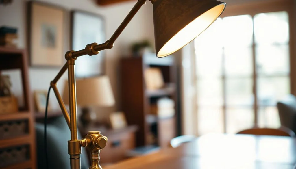 A vintage-style adjustable lamp with a brass-toned body and a classic teardrop-shaped shade. The lamp stands on a sturdy base, with a sleek adjustable arm that allows for precise positioning. The shade casts a warm, ambient glow, illuminating the scene with a soft, nostalgic light. In the foreground, the lamp's intricate knobs and switches capture the attention, hinting at its adjustability and functionality. The middle ground showcases the lamp's elegant silhouette, complemented by a subtle, aged patina. The background hints at a cozy, well-lit interior, with hints of wooden furniture and textiles adding to the inviting atmosphere. A vintage-style adjustable lamp with a brass-toned body and a classic teardrop-shaped shade. The lamp stands on a sturdy base, with a sleek adjustable arm that allows for precise positioning. The shade casts a warm, ambient glow, illuminating the scene with a soft, nostalgic light. In the foreground, the lamp's intricate knobs and switches capture the attention, hinting at its adjustability and functionality. The middle ground showcases the lamp's elegant silhouette, complemented by a subtle, aged patina. The background hints at a cozy, well-lit interior, with hints of wooden furniture and textiles adding to the inviting atmosphere.