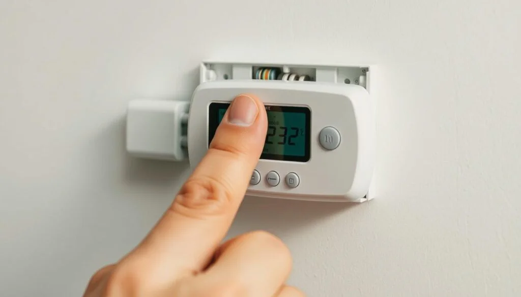 A well-lit, close-up view of an energy-saving thermostat being carefully removed from a wall. The thermostat is a neutral-colored HZ311 model, with clear details of the wiring and mounting base visible. The fingers of a person's hands are shown gently prying the unit away from the wall, revealing the intricate inner workings and connectors. The image has a clean, technical look, with a slightly muted color palette to convey the methodical nature of the upgrade process. The overall composition emphasizes the step-by-step removal, inviting the viewer to visualize themselves undertaking this detailed procedure. A well-lit, close-up view of an energy-saving thermostat being carefully removed from a wall. The thermostat is a neutral-colored HZ311 model, with clear details of the wiring and mounting base visible. The fingers of a person's hands are shown gently prying the unit away from the wall, revealing the intricate inner workings and connectors. The image has a clean, technical look, with a slightly muted color palette to convey the methodical nature of the upgrade process. The overall composition emphasizes the step-by-step removal, inviting the viewer to visualize themselves undertaking this detailed procedure.