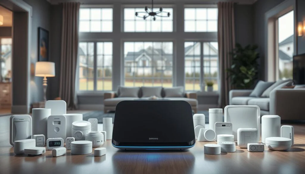 A well-lit, detailed home interior scene showcasing an array of smart home security sensors. In the foreground, a sleek, modern Samsung SmartThings Hub v3 takes center stage, surrounded by a variety of compact, discreet sensors - motion detectors, door/window contacts, smoke/fire alarms, and environmental sensors. The middle ground depicts the sensor network seamlessly integrated into the home's architectural elements, blending elegantly with the décor. In the background, large windows offer a glimpse of a serene, suburban outdoor landscape, conveying a sense of security and connectivity. The overall scene radiates a high-tech, yet homely atmosphere, emphasizing the enhanced capabilities of the latest SmartThings Hub. A well-lit, detailed home interior scene showcasing an array of smart home security sensors. In the foreground, a sleek, modern Samsung SmartThings Hub v3 takes center stage, surrounded by a variety of compact, discreet sensors - motion detectors, door/window contacts, smoke/fire alarms, and environmental sensors. The middle ground depicts the sensor network seamlessly integrated into the home's architectural elements, blending elegantly with the décor. In the background, large windows offer a glimpse of a serene, suburban outdoor landscape, conveying a sense of security and connectivity. The overall scene radiates a high-tech, yet homely atmosphere, emphasizing the enhanced capabilities of the latest SmartThings Hub.
