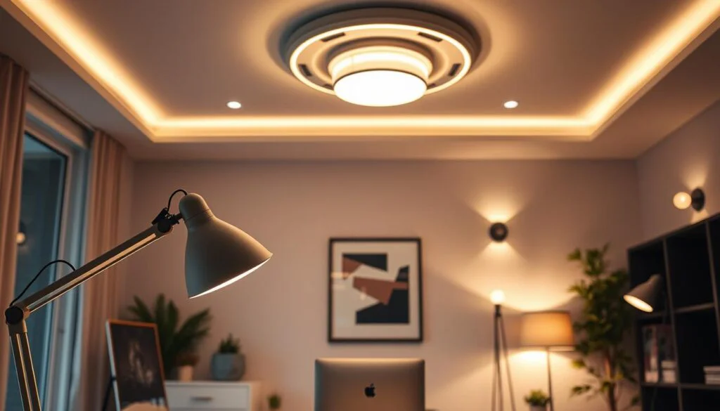 A well-lit home office with sleek, futuristic smart lighting solutions. In the foreground, a desk lamp with adjustable brightness and color temperature settings casts a warm, focused glow. In the middle ground, a ceiling-mounted smart light fixture with integrated motion sensors and voice controls creates a harmonious ambient lighting. In the background, programmable smart bulbs in wall sconces and floor lamps provide customizable accent lighting, seamlessly integrated with a smart home system. The overall atmosphere is modern, efficient, and conducive to productivity, with every lighting element precisely calibrated to create the ideal work environment.