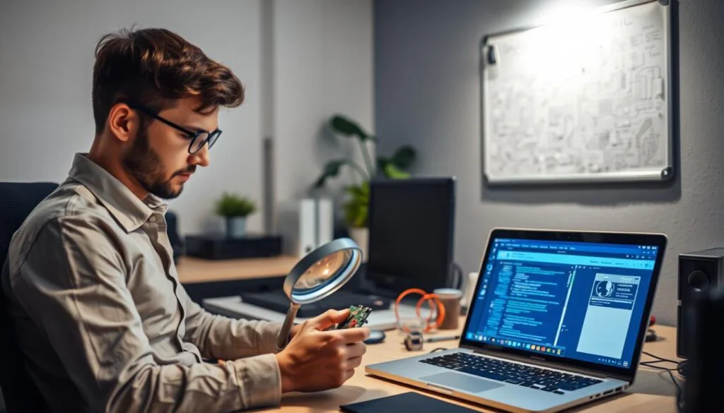 A well-lit office workspace with a desk, computer, and various troubleshooting tools. In the foreground, a person sits intently, examining a circuit board with a magnifying glass. The middle ground features an open laptop displaying diagnostic software, while the background showcases a wall-mounted whiteboard covered in detailed schematics and notes. The atmosphere is one of focused problem-solving, with soft, directional lighting highlighting the task at hand. The overall scene conveys a sense of methodical, technical troubleshooting to overcome common home office technology challenges.