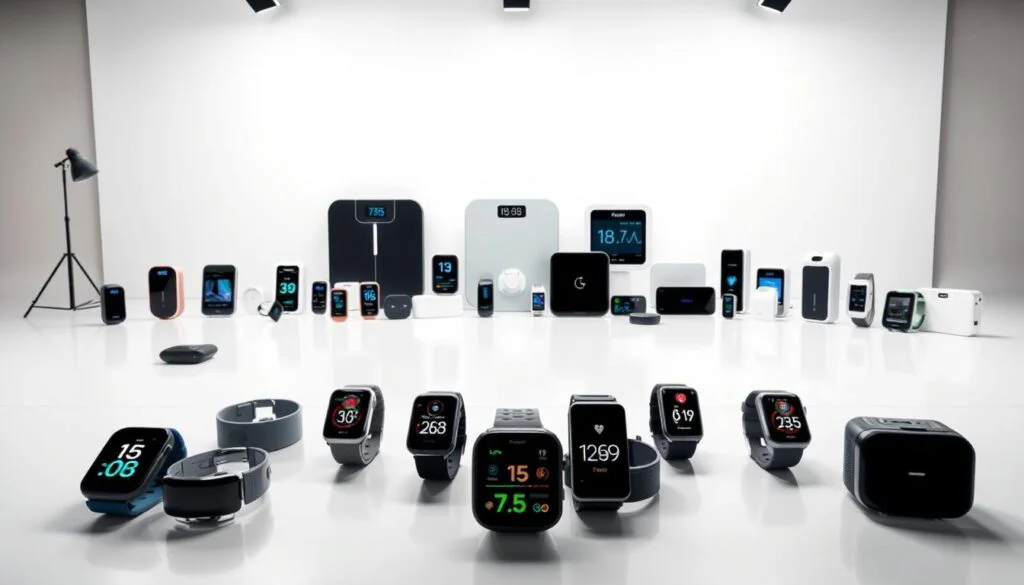 A well-lit studio setting showcasing a diverse array of state-of-the-art smart health and wellness devices. In the foreground, an array of smartwatches, fitness trackers, and sleep monitors are displayed on a sleek, minimalist surface. The middle ground features a selection of smart scales, blood pressure monitors, and other diagnostic devices. In the background, a clean, white wall provides a simple, uncluttered backdrop, allowing the features and designs of the devices to take center stage. The overall mood is one of clinical precision, technological innovation, and consumer-friendly accessibility, inviting the viewer to explore the latest advancements in personal health and wellness. A well-lit studio setting showcasing a diverse array of state-of-the-art smart health and wellness devices. In the foreground, an array of smartwatches, fitness trackers, and sleep monitors are displayed on a sleek, minimalist surface. The middle ground features a selection of smart scales, blood pressure monitors, and other diagnostic devices. In the background, a clean, white wall provides a simple, uncluttered backdrop, allowing the features and designs of the devices to take center stage. The overall mood is one of clinical precision, technological innovation, and consumer-friendly accessibility, inviting the viewer to explore the latest advancements in personal health and wellness.