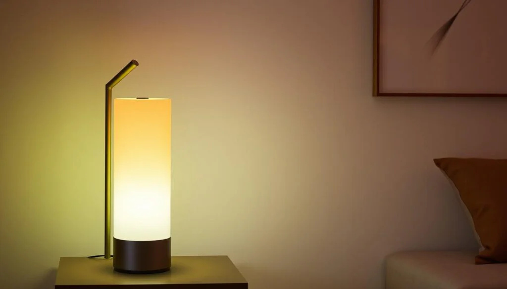 Adjustable height lamp with color options: A sleek, modern lamp with a cylindrical base and an adjustable stem. The lamp emits a warm, cozy glow, its color shifting seamlessly between a range of hues - from soft amber to vibrant blues and greens. The lamp's height can be easily adjusted, allowing the user to customize the lighting to their needs. The lamp's minimalist design, with clean lines and a matte finish, complements a variety of interior styles. Diffused lighting from the lamp creates a soothing, atmospheric ambiance, perfect for setting the mood in a living room, bedroom, or office space. Adjustable height lamp with color options: A sleek, modern lamp with a cylindrical base and an adjustable stem. The lamp emits a warm, cozy glow, its color shifting seamlessly between a range of hues - from soft amber to vibrant blues and greens. The lamp's height can be easily adjusted, allowing the user to customize the lighting to their needs. The lamp's minimalist design, with clean lines and a matte finish, complements a variety of interior styles. Diffused lighting from the lamp creates a soothing, atmospheric ambiance, perfect for setting the mood in a living room, bedroom, or office space.