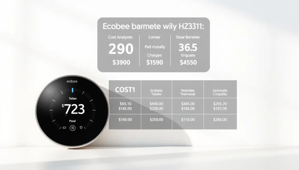 An accurate, detailed cost analysis of the Ecobee thermostat's compatibility with the HZ311 system, presented in a clean, data-driven infographic style. The image depicts a sleek, modern thermostat in the foreground, with a series of cost breakdowns and comparisons in the middle ground, all set against a minimalist, light-colored background to create a sense of clarity and professionalism. Crisp lighting from the side casts shadows that add depth and dimension to the scene. The overall tone is informative and authoritative, reflecting the technical nature of the subject matter. An accurate, detailed cost analysis of the Ecobee thermostat's compatibility with the HZ311 system, presented in a clean, data-driven infographic style. The image depicts a sleek, modern thermostat in the foreground, with a series of cost breakdowns and comparisons in the middle ground, all set against a minimalist, light-colored background to create a sense of clarity and professionalism. Crisp lighting from the side casts shadows that add depth and dimension to the scene. The overall tone is informative and authoritative, reflecting the technical nature of the subject matter.