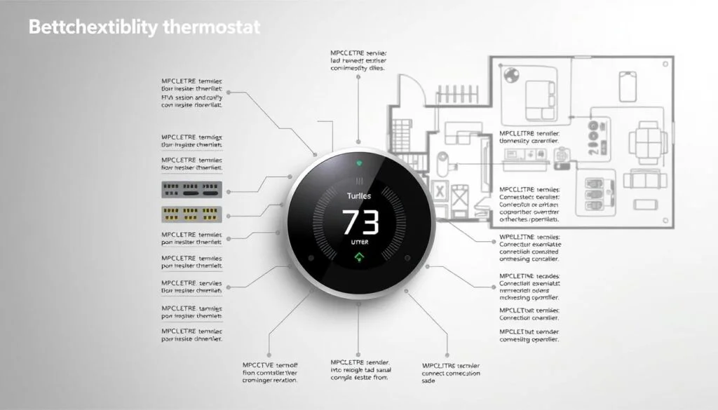 Detailed technical diagram showcasing the compatibility requirements for a smart thermostat. In the foreground, a centrally-placed smart thermostat with modern, sleek design. Surrounding it, a grid of various wiring connectors, terminals, and ports, clearly labeled with technical specifications. In the background, a simplified architectural floor plan, illustrating different HVAC system configurations. The lighting is bright and even, with a slight technical, industrial feel. The overall tone is informative and educational, conveying the complexities of thermostat compatibility in a visually compelling manner. Detailed technical diagram showcasing the compatibility requirements for a smart thermostat. In the foreground, a centrally-placed smart thermostat with modern, sleek design. Surrounding it, a grid of various wiring connectors, terminals, and ports, clearly labeled with technical specifications. In the background, a simplified architectural floor plan, illustrating different HVAC system configurations. The lighting is bright and even, with a slight technical, industrial feel. The overall tone is informative and educational, conveying the complexities of thermostat compatibility in a visually compelling manner.