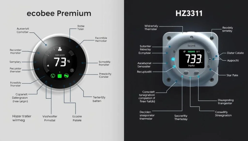 Detailed technical wiring diagram depicting the side-by-side comparison of an Ecobee Premium smart thermostat and an HZ311 thermostat. Clear, crisp lines and precise component labeling. Illuminated by soft, even lighting from multiple angles to showcase the technical details. Slightly elevated camera angle provides an unobstructed overview of the wiring configurations. Muted color palette with grey, black, and blue tones to maintain a professional, instructional aesthetic. No extraneous elements - the focus is solely on the comparative technical specifications of the two thermostat models. Detailed technical wiring diagram depicting the side-by-side comparison of an Ecobee Premium smart thermostat and an HZ311 thermostat. Clear, crisp lines and precise component labeling. Illuminated by soft, even lighting from multiple angles to showcase the technical details. Slightly elevated camera angle provides an unobstructed overview of the wiring configurations. Muted color palette with grey, black, and blue tones to maintain a professional, instructional aesthetic. No extraneous elements - the focus is solely on the comparative technical specifications of the two thermostat models.