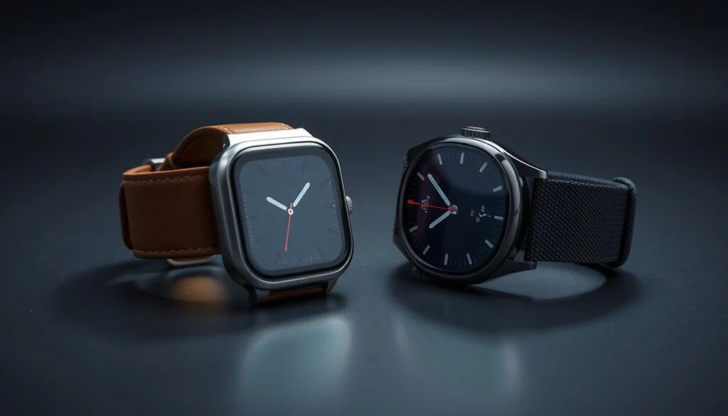 Dramatic studio lighting illuminates a sleek, premium smartwatch and a more affordable, minimalist counterpart, placed side-by-side on a reflective, charcoal-gray surface. The premium model features a high-resolution OLED display, stainless steel casing, and a premium leather strap, while the budget option has a simpler LCD screen, plastic body, and nylon band. The contrast in materials, design, and features highlights the tradeoffs between cost and quality. A cool, high-tech atmosphere pervades the scene, emphasizing the sophisticated nature of modern wearable technology. Dramatic studio lighting illuminates a sleek, premium smartwatch and a more affordable, minimalist counterpart, placed side-by-side on a reflective, charcoal-gray surface. The premium model features a high-resolution OLED display, stainless steel casing, and a premium leather strap, while the budget option has a simpler LCD screen, plastic body, and nylon band. The contrast in materials, design, and features highlights the tradeoffs between cost and quality. A cool, high-tech atmosphere pervades the scene, emphasizing the sophisticated nature of modern wearable technology.