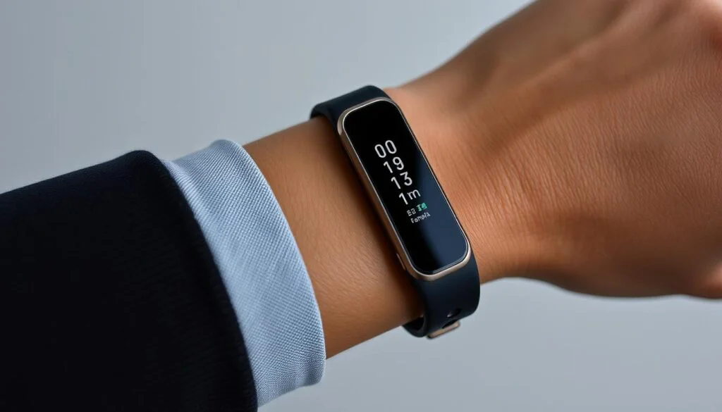Generate an image of the Amazfit Band7 fitness tracker on a wrist, showcasing its sleek design and vibrant display. Generate an image of the Amazfit Band7 fitness tracker on a wrist, showcasing its sleek design and vibrant display.
