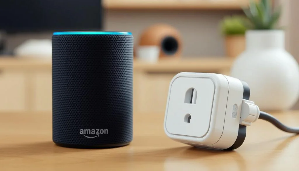 Generate an image of the Amazon Smart Plug next to an Alexa device. Generate an image of the Amazon Smart Plug next to an Alexa device.
