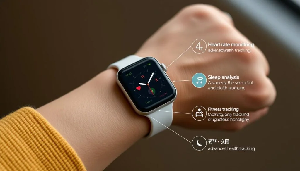 Generate an image of the Apple Watch Series 10 on a wrist, highlighting its health tracking features. Generate an image of the Apple Watch Series 10 on a wrist, highlighting its health tracking features.