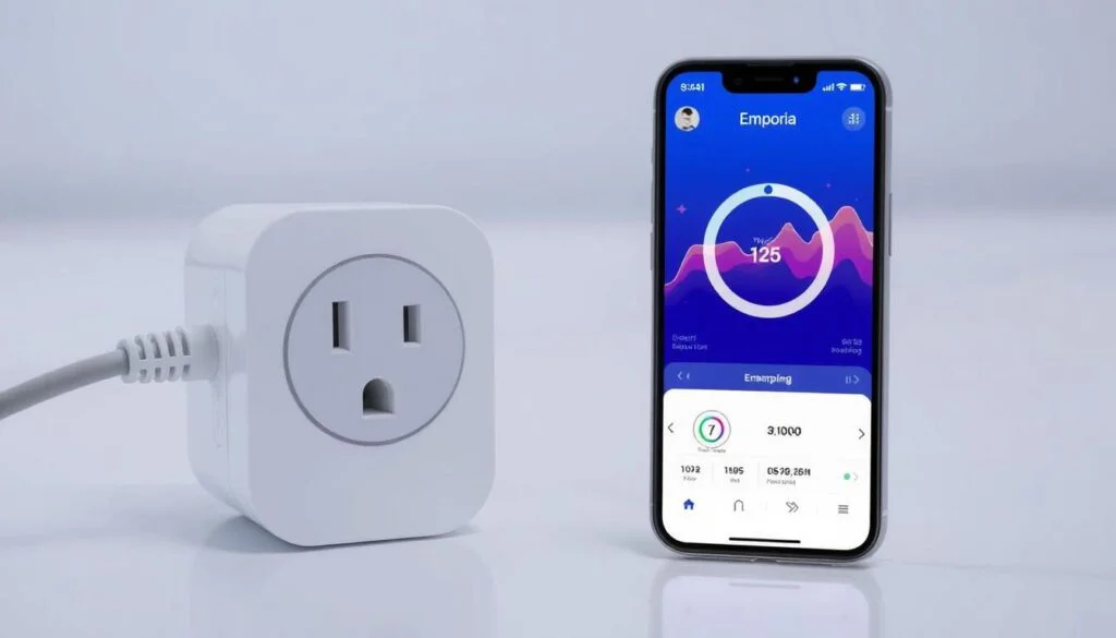 Generate an image of the Emporia Smart Plug with a smartphone displaying the Emporia app, showing real-time energy consumption data. Generate an image of the Emporia Smart Plug with a smartphone displaying the Emporia app, showing real-time energy consumption data.