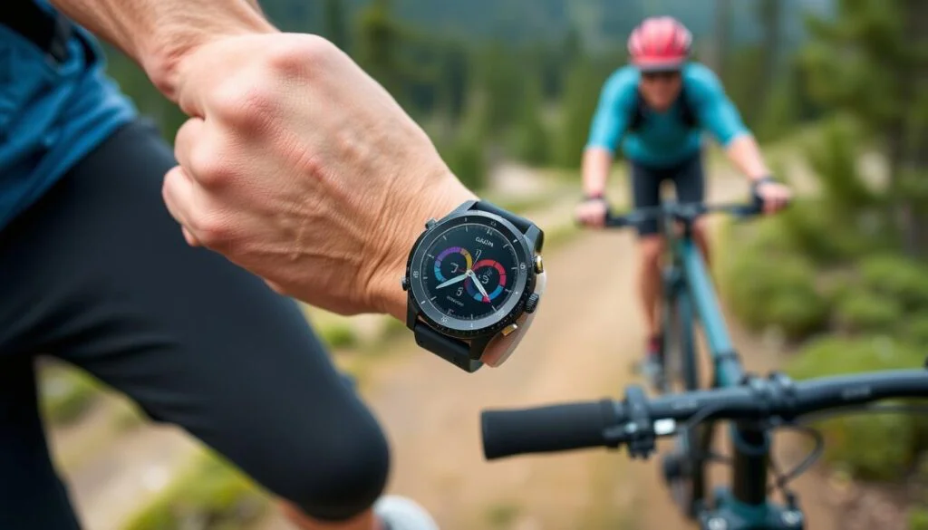 Generate an image of the Garmin Fenix 7S Pro being used during an outdoor activity, showcasing its fitness tracking capabilities. Generate an image of the Garmin Fenix 7S Pro being used during an outdoor activity, showcasing its fitness tracking capabilities.