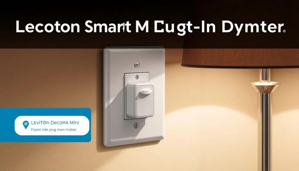 Generate an image of the Leviton Decora Smart Mini Plug-In Dimmer plugged into an outlet with a lamp, showcasing its compact design and dimming functionality. Generate an image of the Leviton Decora Smart Mini Plug-In Dimmer plugged into an outlet with a lamp, showcasing its compact design and dimming functionality.