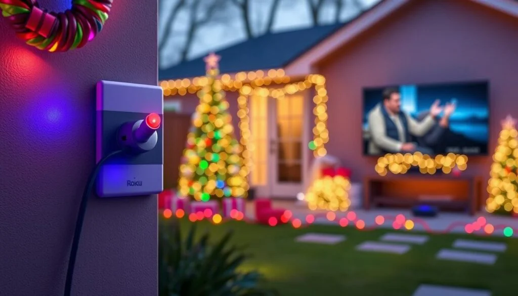 Generate an image of the Roku Outdoor Smart Plug SE installed outdoors, controlling holiday lights, with a Roku TV in the background. Generate an image of the Roku Outdoor Smart Plug SE installed outdoors, controlling holiday lights, with a Roku TV in the background.