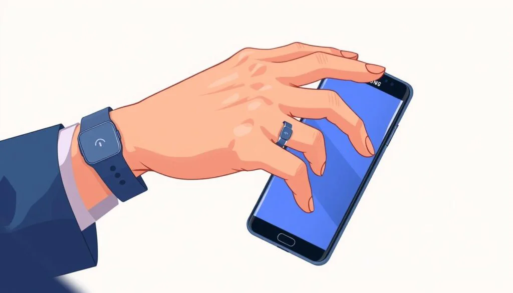 Generate an image of the Samsung Galaxy Ring on a person's finger, with a subtle background hinting at Android devices. Generate an image of the Samsung Galaxy Ring on a person's finger, with a subtle background hinting at Android devices.