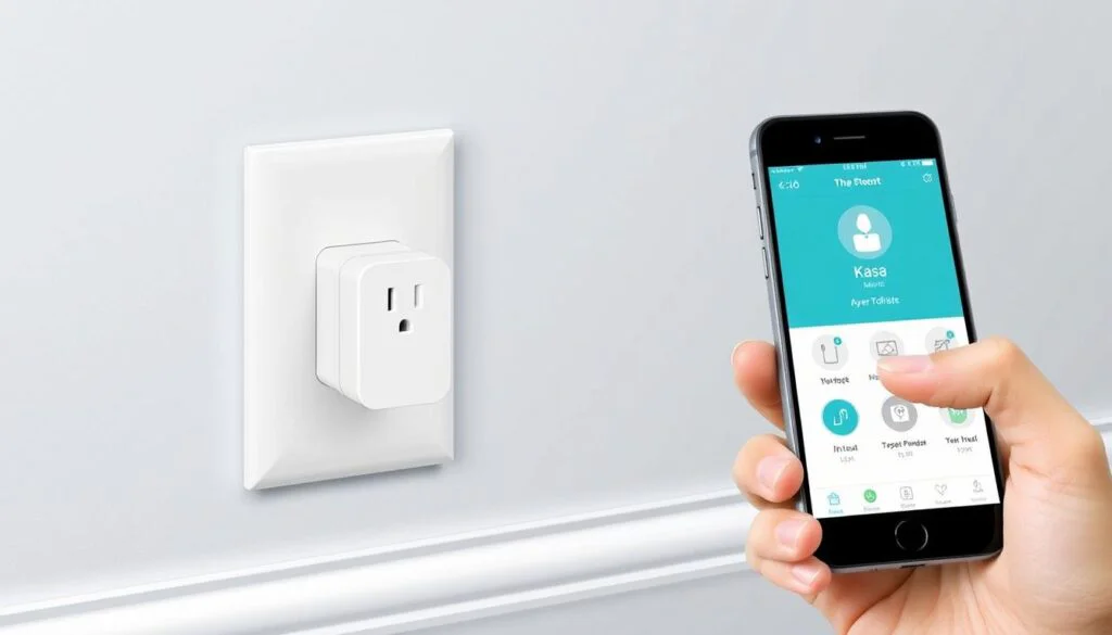 Generate an image of the TP-Link Kasa Smart Wi-Fi Plug Slim With Energy Monitoring (KP125M) plugged into a wall outlet, with a lamp connected to it and the Kasa app open on a nearby smartphone. Generate an image of the TP-Link Kasa Smart Wi-Fi Plug Slim With Energy Monitoring (KP125M) plugged into a wall outlet, with a lamp connected to it and the Kasa app open on a nearby smartphone.