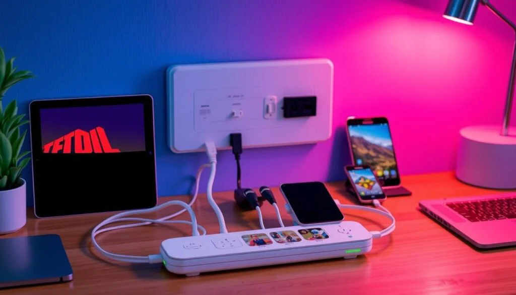 Generate an image of the TP-Link Kasa Smart Wi-Fi Power Strip (HS300) with multiple devices plugged in. Generate an image of the TP-Link Kasa Smart Wi-Fi Power Strip (HS300) with multiple devices plugged in.