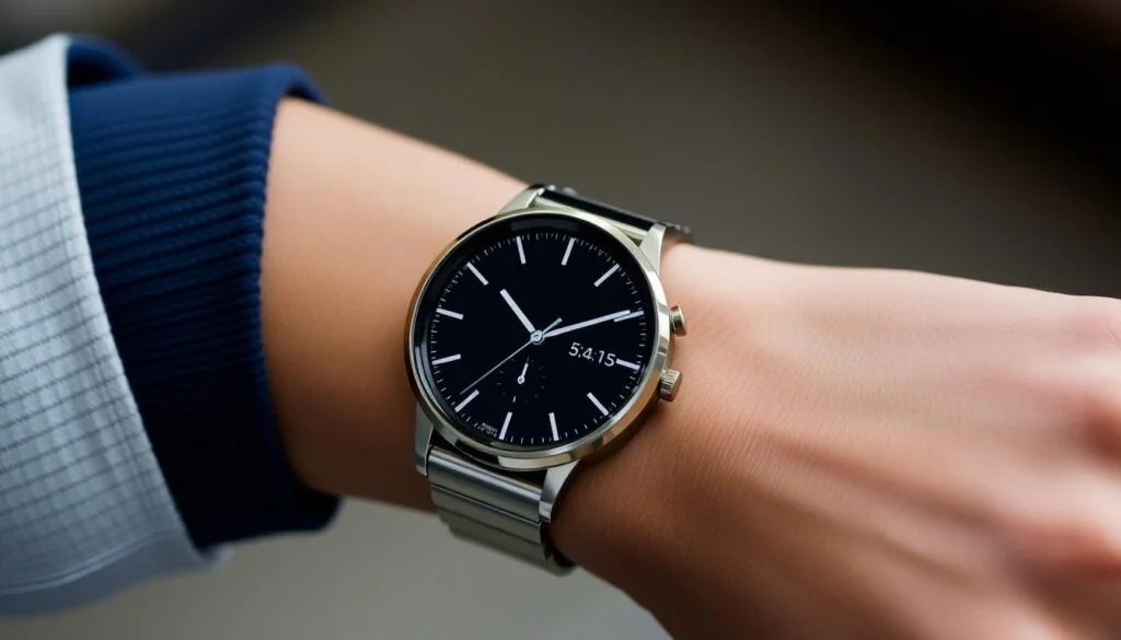 Generate an image of the Withings ScanWatch Light on a wrist, showcasing its analog face and subtle digital display. Generate an image of the Withings ScanWatch Light on a wrist, showcasing its analog face and subtle digital display.