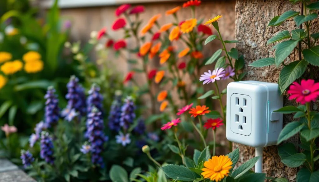 Generate an image of the Wyze Plug Outdoor installed near a garden. Generate an image of the Wyze Plug Outdoor installed near a garden.