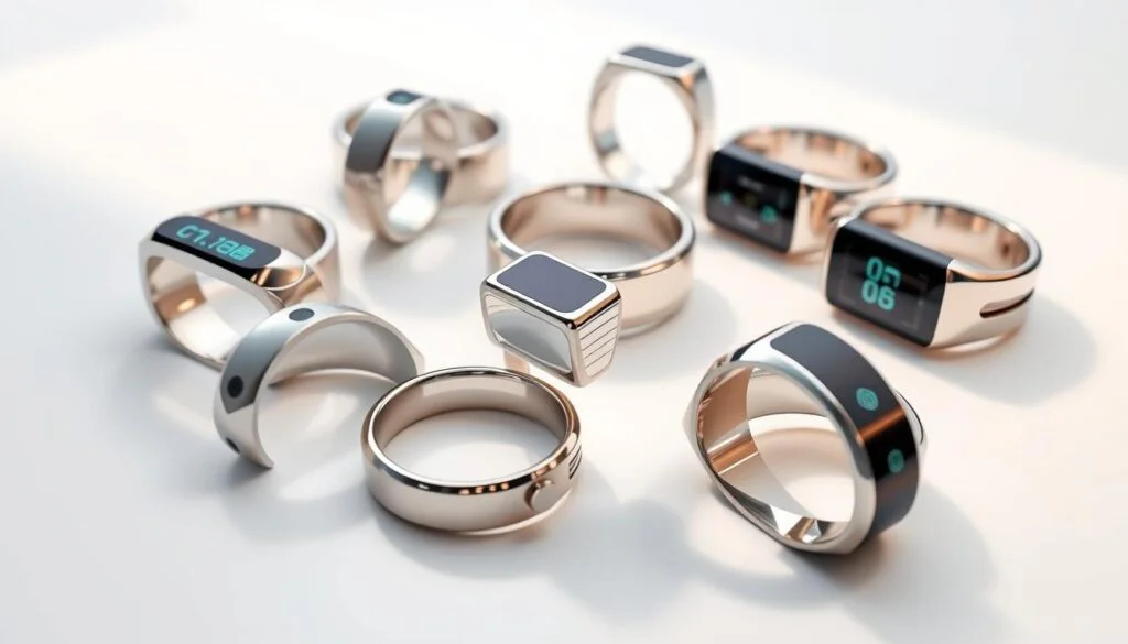 High-quality, close-up view of a collection of advanced smart rings in a minimalist, futuristic style. The rings are made of sleek, polished metal and feature integrated displays, sensors, and smart controls. They are arranged neatly on a clean, white surface with soft, directional lighting that accentuates their elegant, high-tech design. The rings appear to be state-of-the-art health and wellness devices, showcasing the latest innovations in wearable technology. The overall scene conveys a sense of sophistication, innovation, and the potential of smart rings to transform personal health and lifestyle. High-quality, close-up view of a collection of advanced smart rings in a minimalist, futuristic style. The rings are made of sleek, polished metal and feature integrated displays, sensors, and smart controls. They are arranged neatly on a clean, white surface with soft, directional lighting that accentuates their elegant, high-tech design. The rings appear to be state-of-the-art health and wellness devices, showcasing the latest innovations in wearable technology. The overall scene conveys a sense of sophistication, innovation, and the potential of smart rings to transform personal health and lifestyle.
