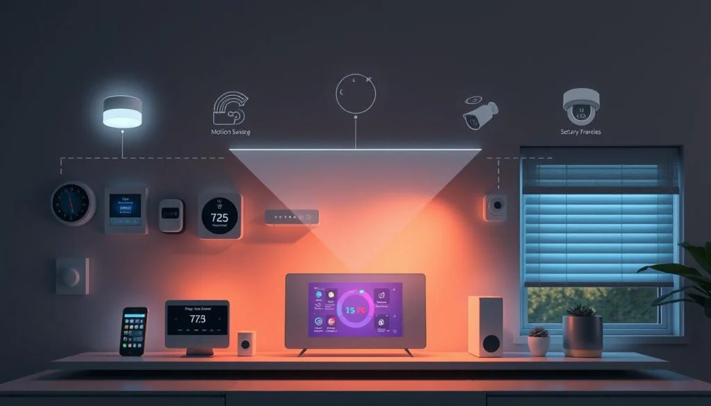Sleek and minimalist home automation hub, displaying a range of interconnected smart devices - voice-controlled lighting, adjustable thermostats, motion-sensing security cameras, and automated window blinds. The scene is bathed in a warm, ambient glow, with discreet LED indicators showcasing the system's functionality. Subtle holographic UI elements hover above the central control panel, allowing seamless management of the home's intelligent features. The entire setup conveys a sense of technological sophistication and effortless convenience, perfectly suited for the modern, tech-savvy homeowner. Sleek and minimalist home automation hub, displaying a range of interconnected smart devices - voice-controlled lighting, adjustable thermostats, motion-sensing security cameras, and automated window blinds. The scene is bathed in a warm, ambient glow, with discreet LED indicators showcasing the system's functionality. Subtle holographic UI elements hover above the central control panel, allowing seamless management of the home's intelligent features. The entire setup conveys a sense of technological sophistication and effortless convenience, perfectly suited for the modern, tech-savvy homeowner.