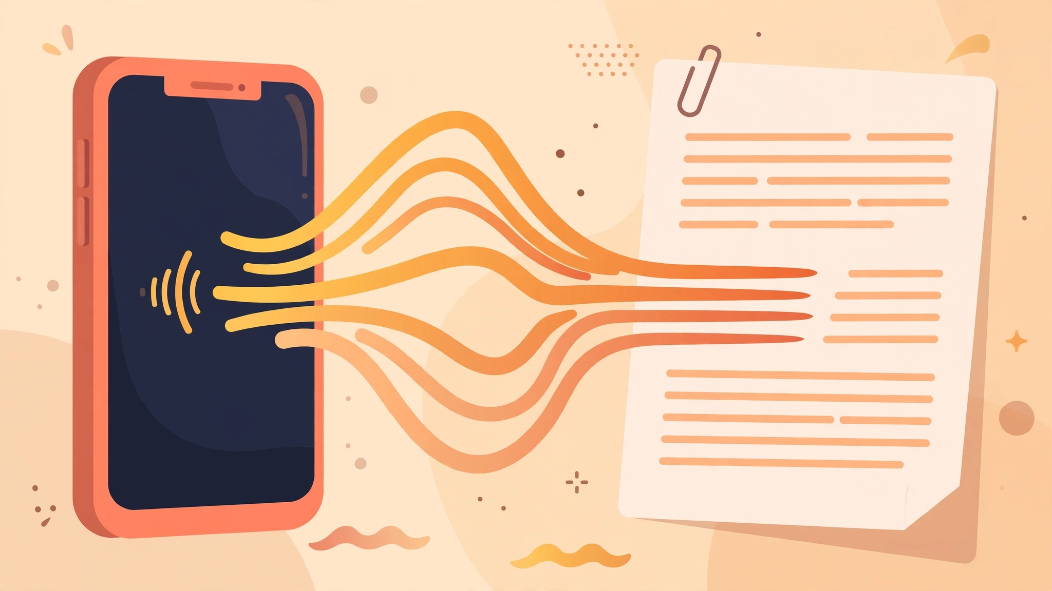 Illustration showing how to transcribe voice memos iPhone recordings into text on a document