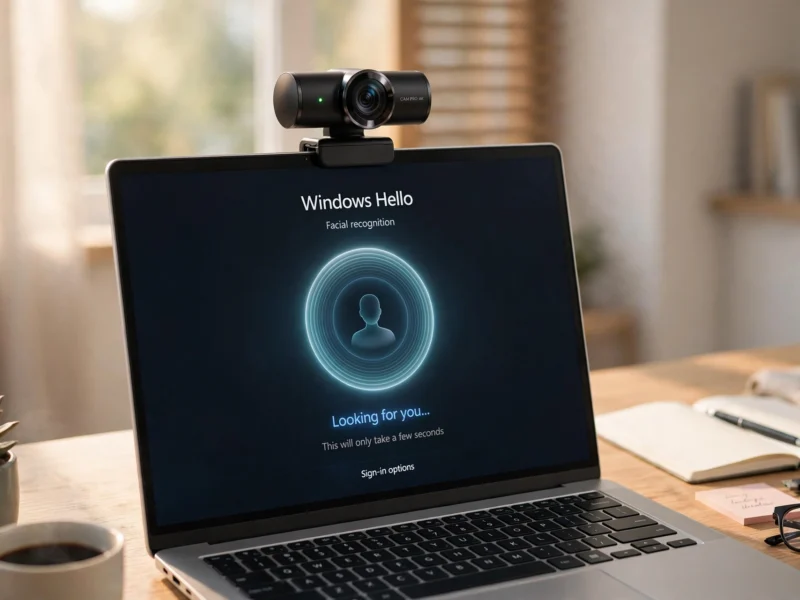 Best budget Windows Hello webcams featured image showing webcam with Windows Hello login screen