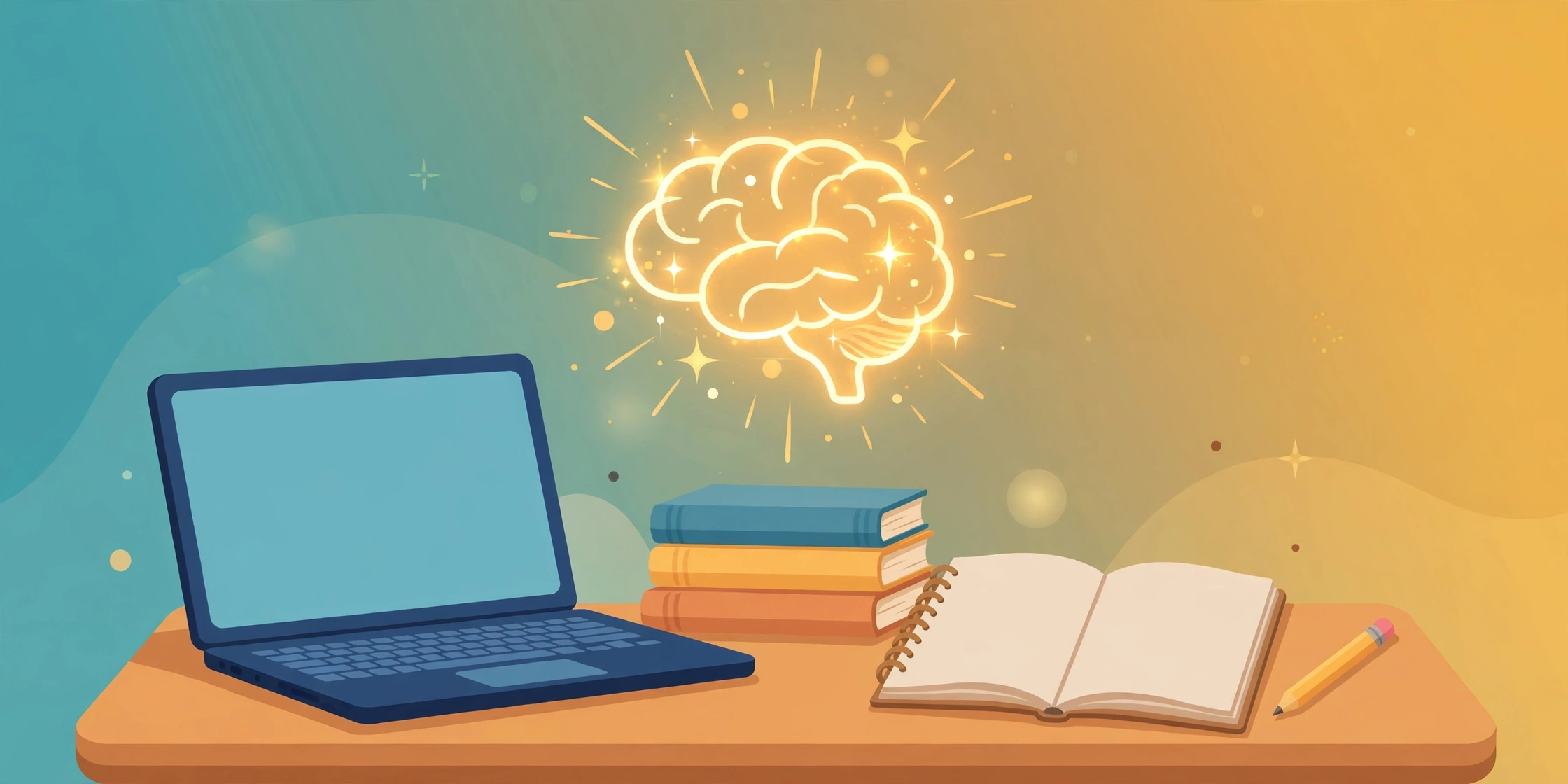 The best AI tools for students in 2026 — illustrated student desk with laptop, books and a glowing AI lightbulb