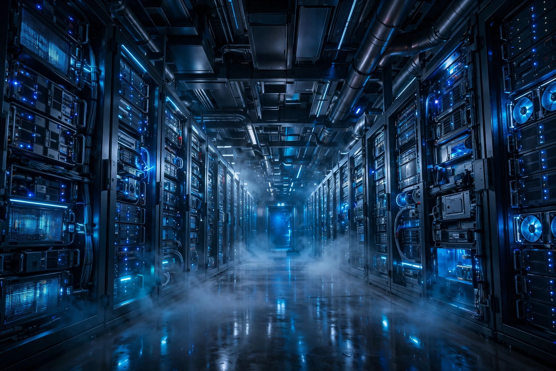 Data centre corridor representing the infrastructure behind Gemini 4 Argon