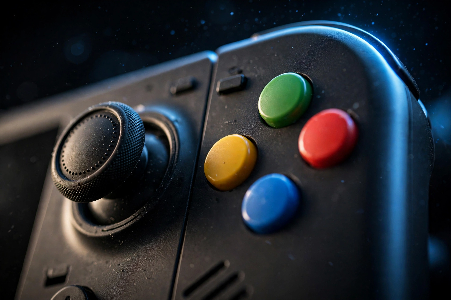 Best gaming handheld console 2026 close-up of analog sticks and buttons in dramatic lighting