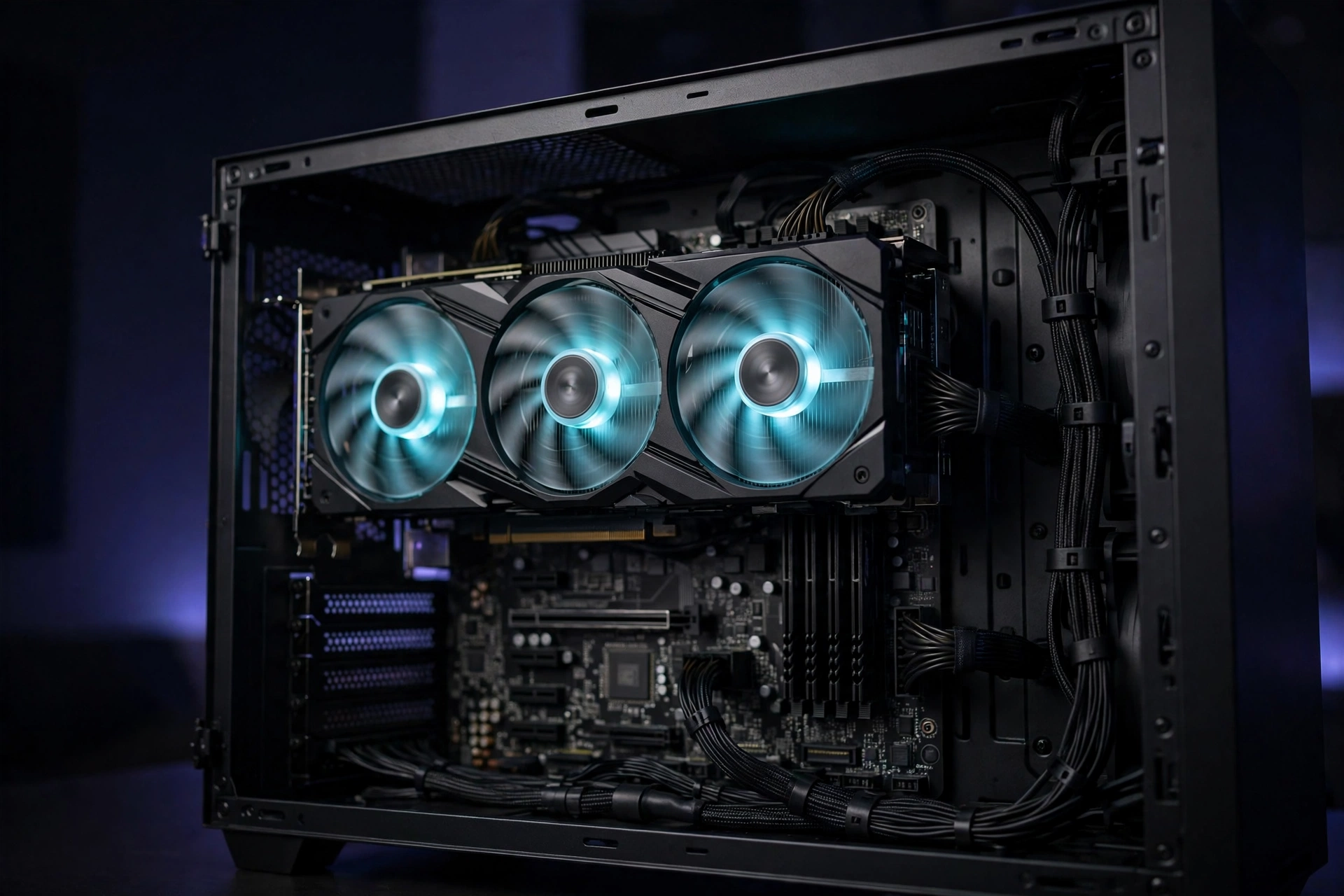 One of the best budget graphics card under $300 picks installed inside a PC case with glowing fans