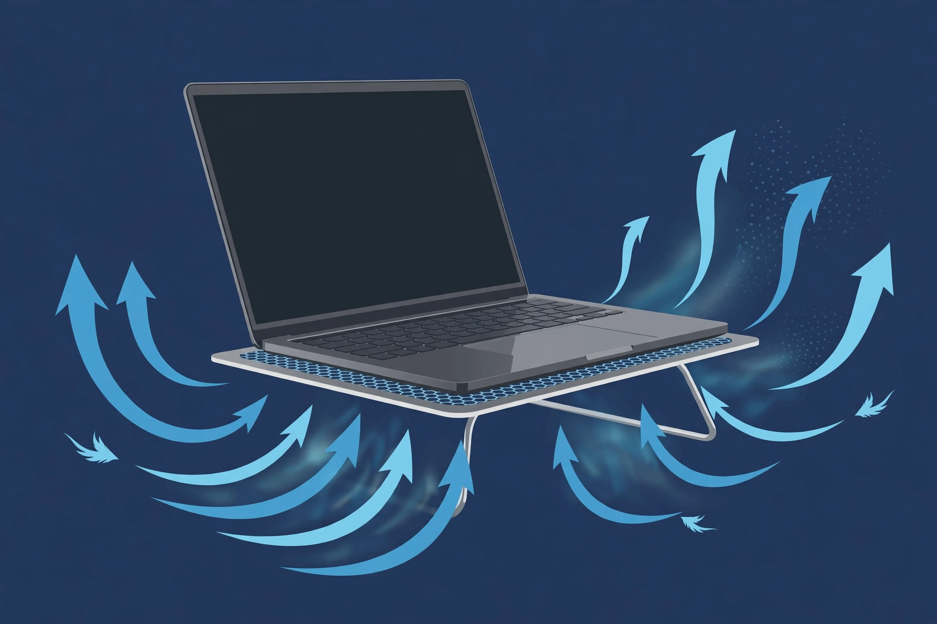 Laptop on a cooling pad with airflow arrows, a fix for laptop overheating