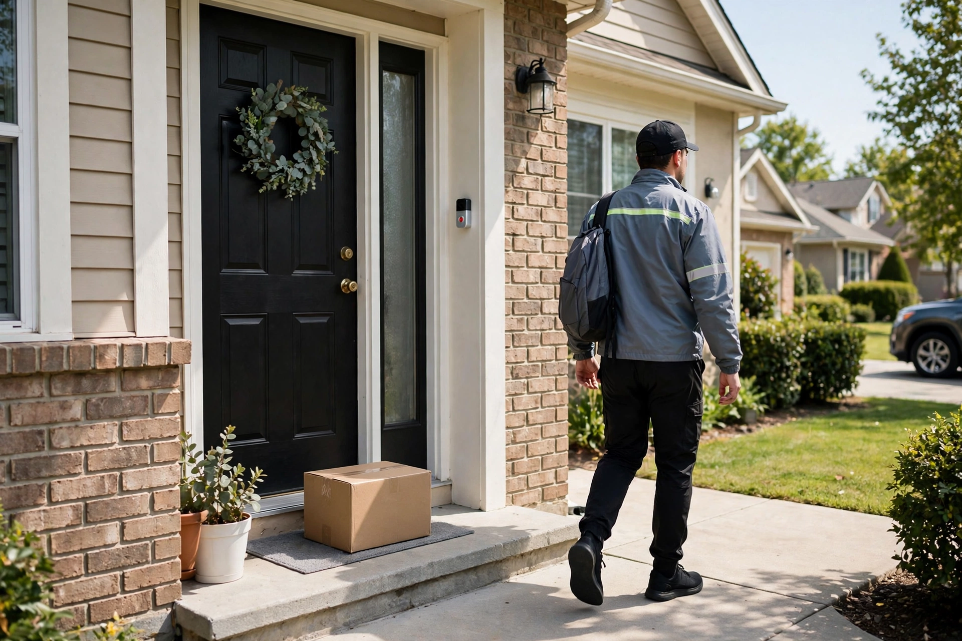 A delivery driver leaving a package at a front door watched by a video doorbell camera with local storage