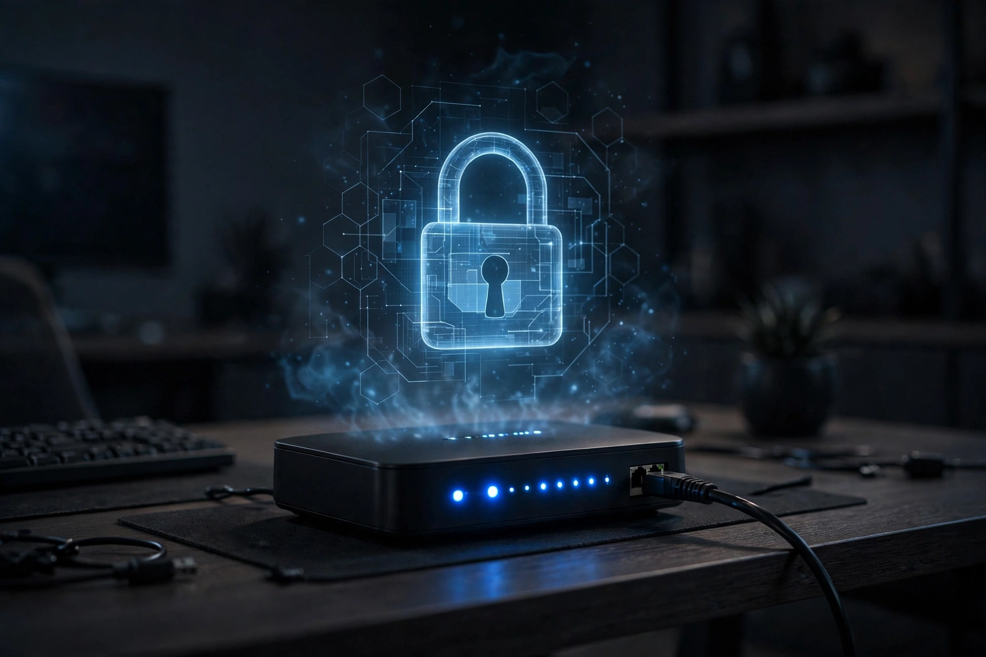 Home Wi-Fi router with a digital padlock illustrating network-level blocking of smart TV privacy settings telemetry