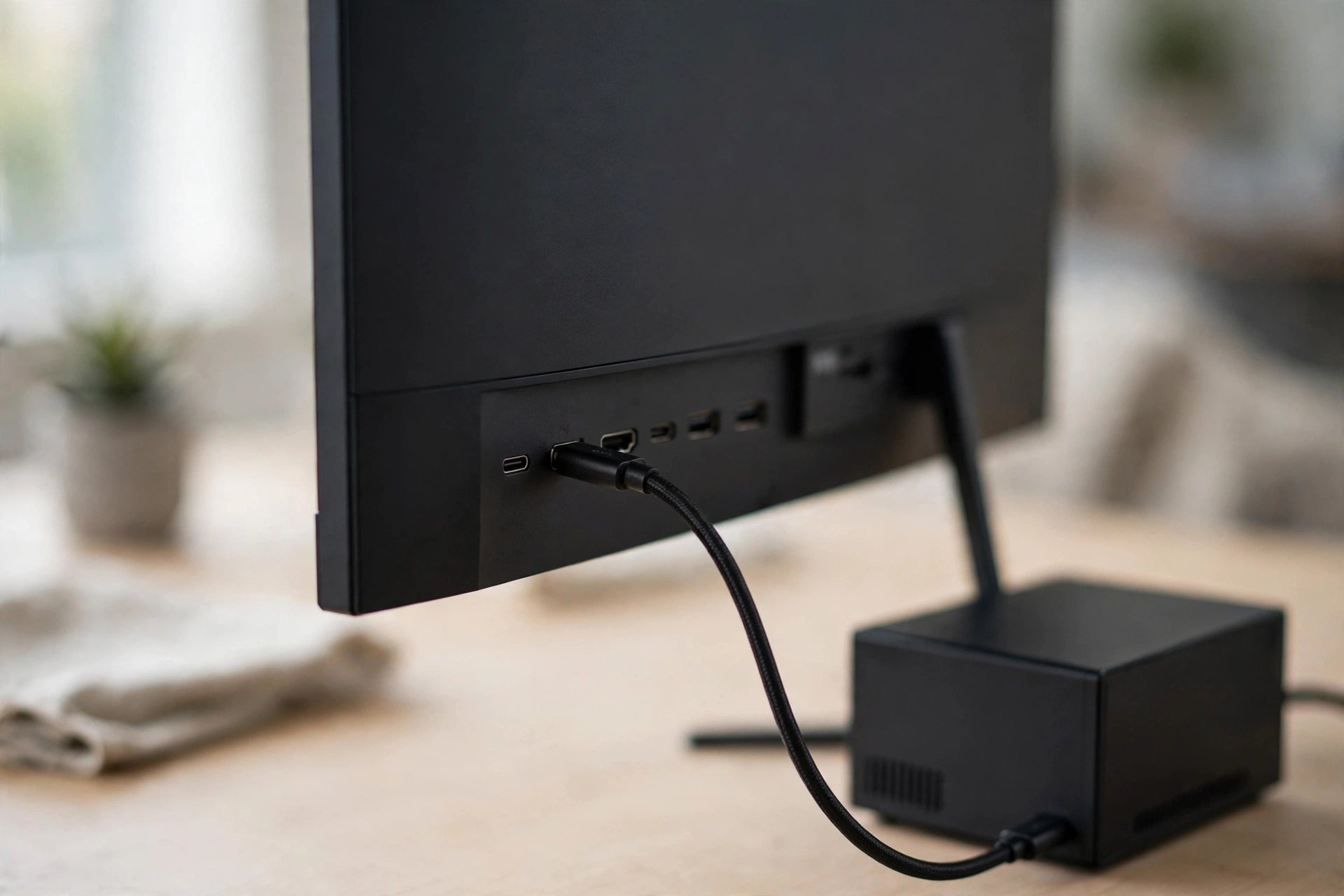 Best monitor for Mac mini in 2026: a single USB-C cable connecting a monitor to a desktop computer