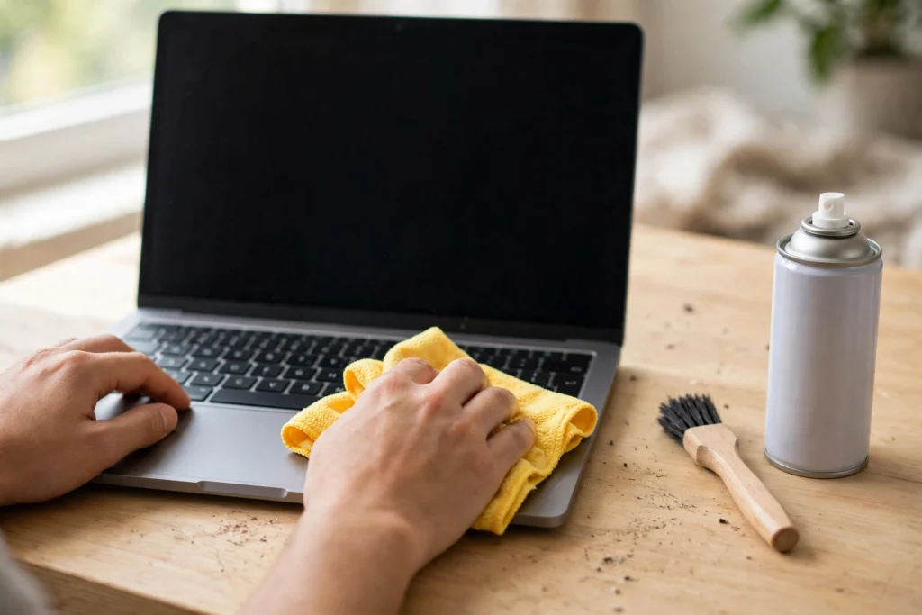 Cleaning a laptop slow after one year with a microfiber cloth and cleaning kit