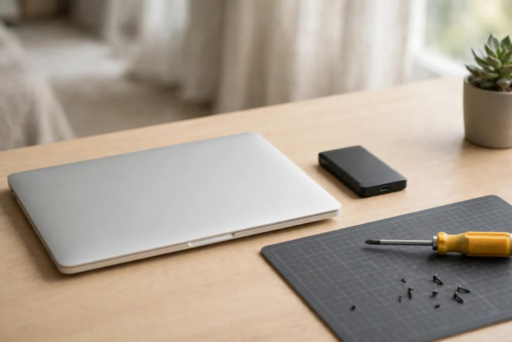 Laptop slow after one year on a desk with an external SSD and tools for a simple upgrade