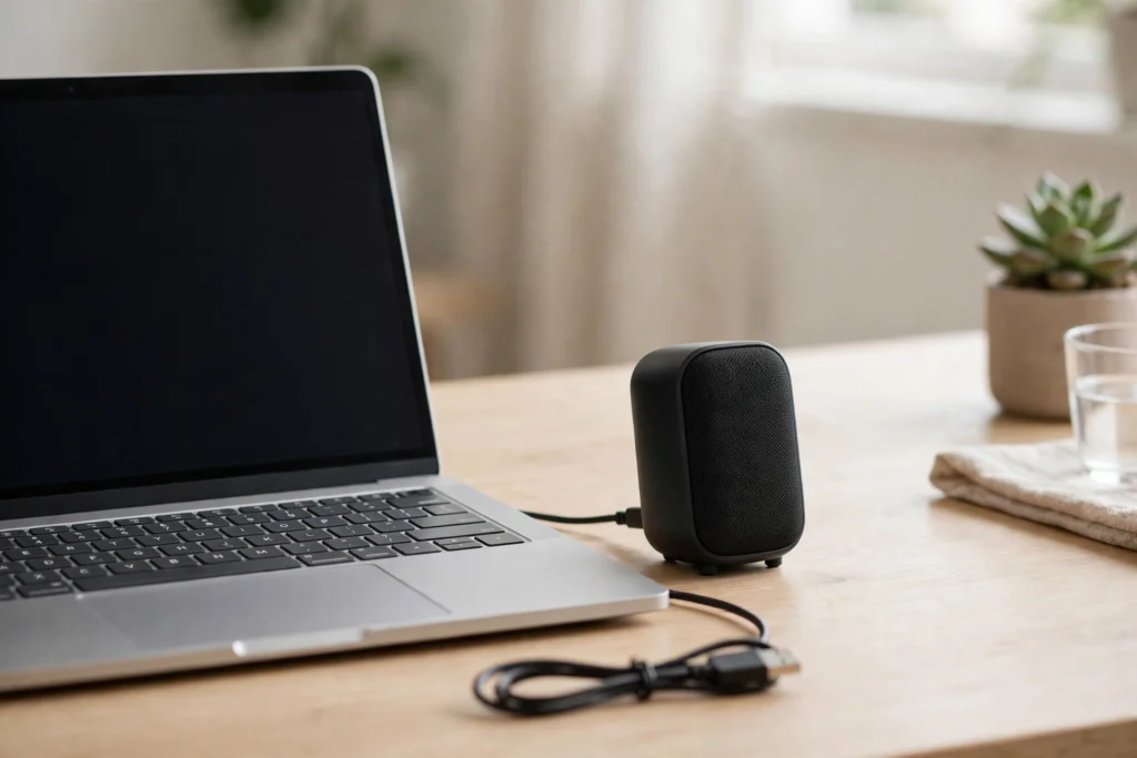 External USB speaker next to a laptop as a workaround for laptop speakers crackling