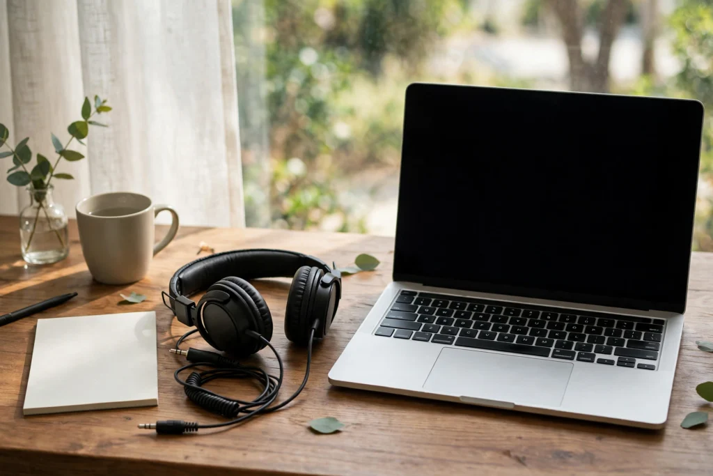 Headphones beside a laptop during a laptop speakers crackling hardware isolation test