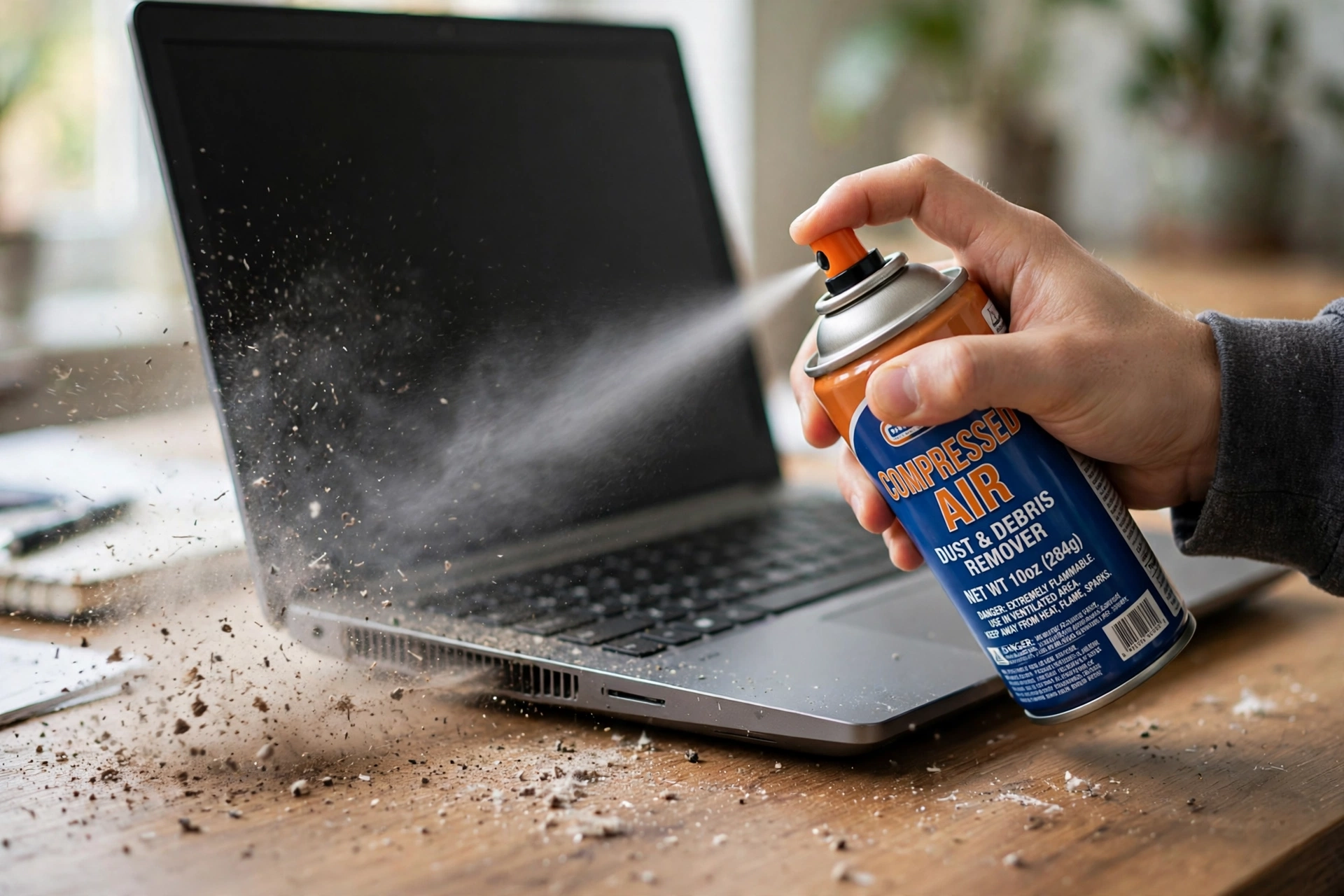 Cleaning a laptop fan with compressed air to fix loud fan noise