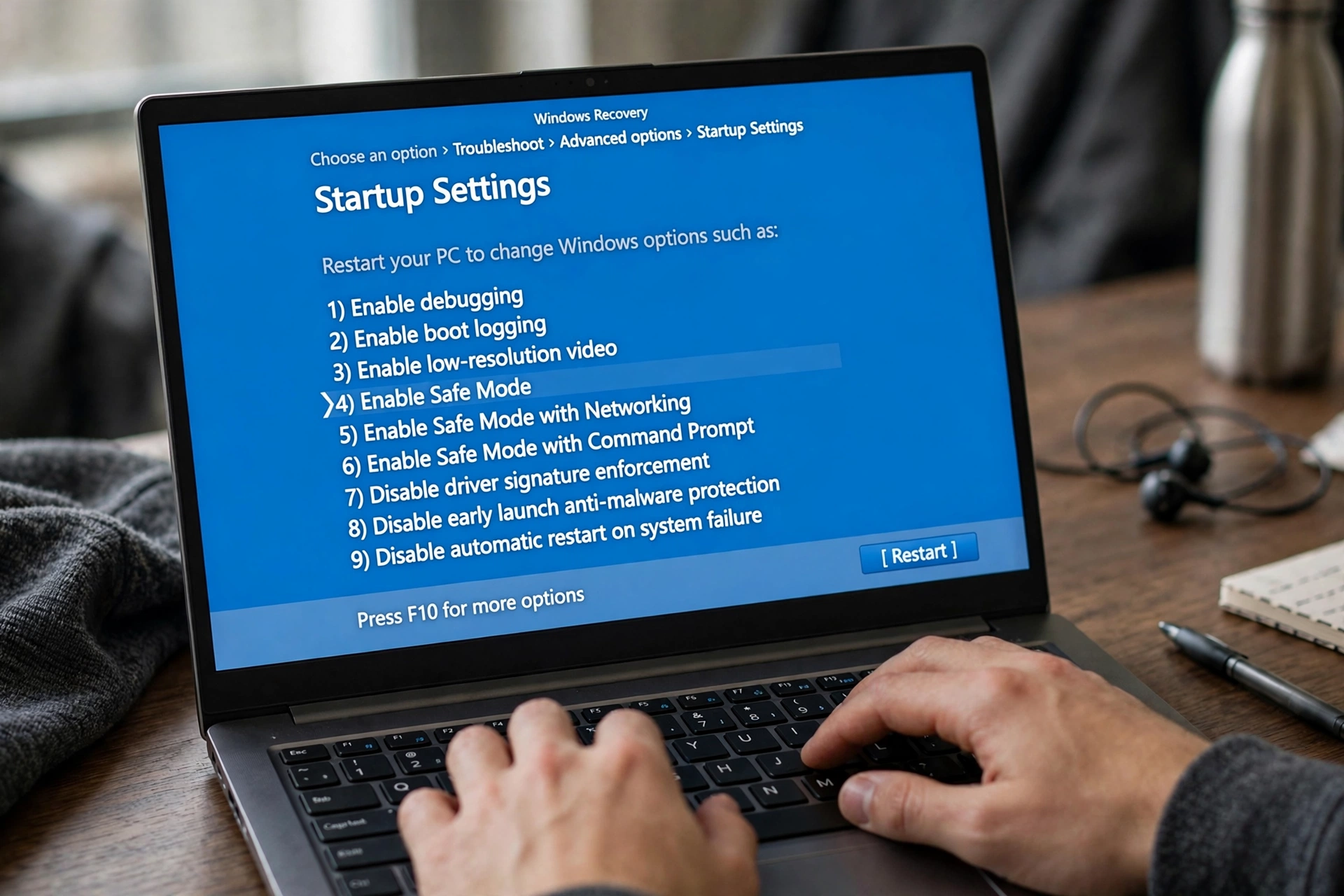 Laptop screen showing Windows recovery and Safe Mode options for fixing a laptop black screen but fan running fault