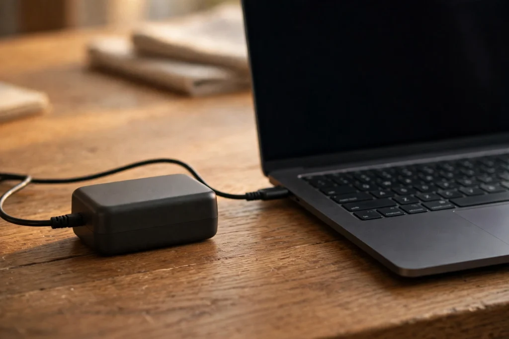 Generic unbranded laptop charger on a desk, showing laptop charger heat while a laptop hot while charging