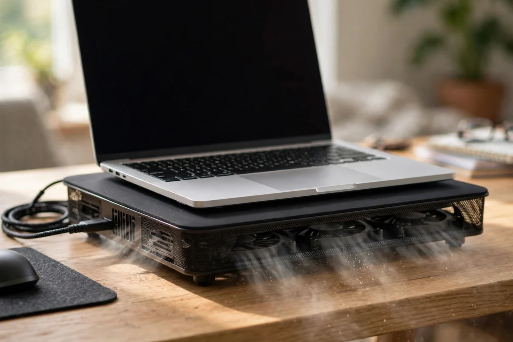 Laptop on a cooling pad with vents underneath, cooling a laptop hot while charging