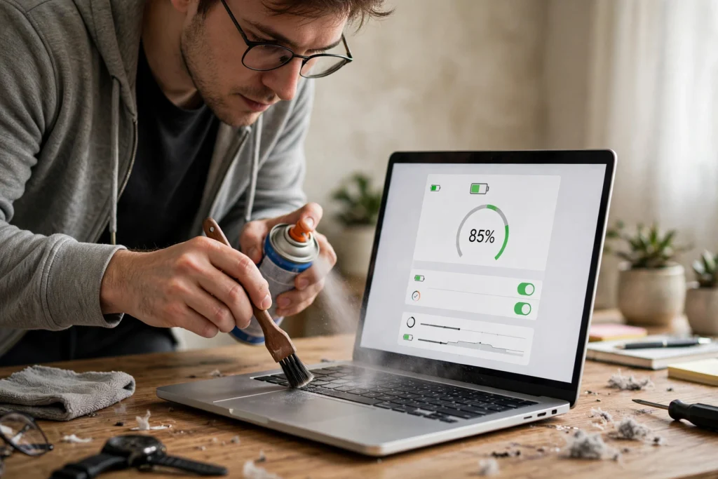 Cleaning laptop vents and checking battery health settings when a laptop is hot while charging