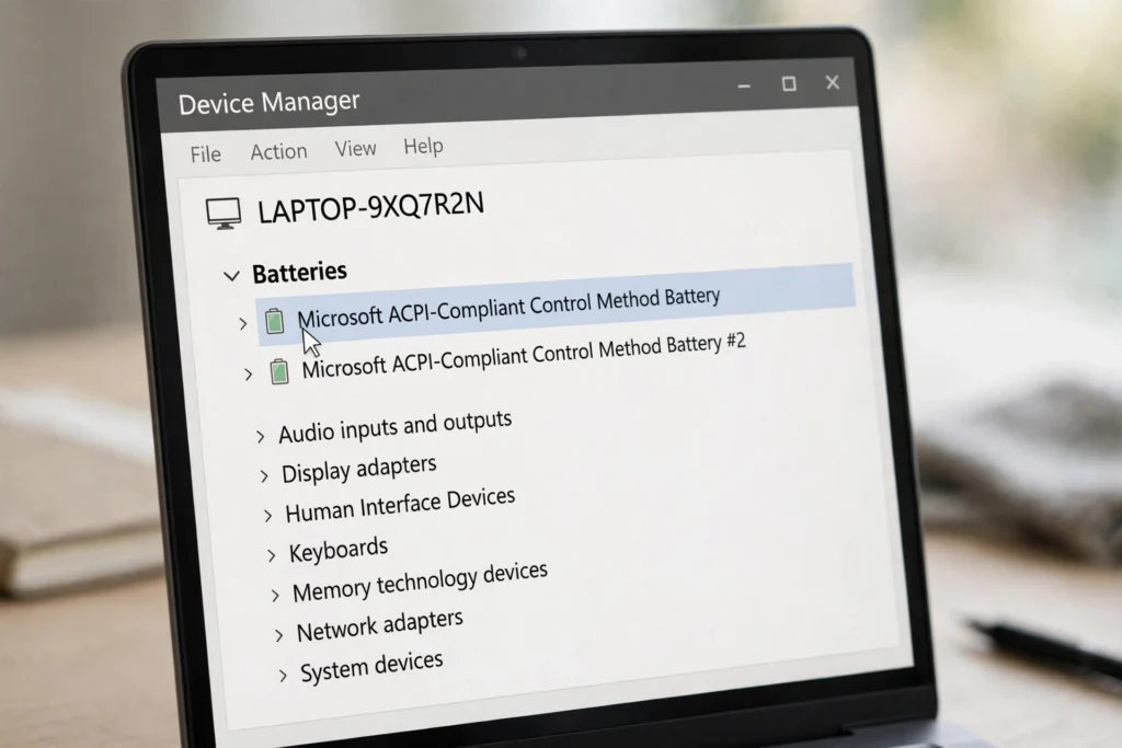 Windows 11 Device Manager Batteries section for reinstalling the battery driver