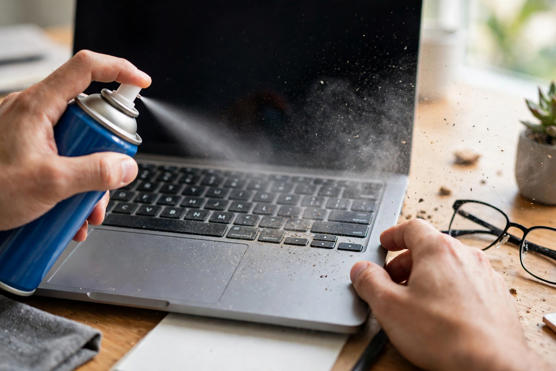 Hands cleaning a laptop keyboard with compressed air to fix keys not working