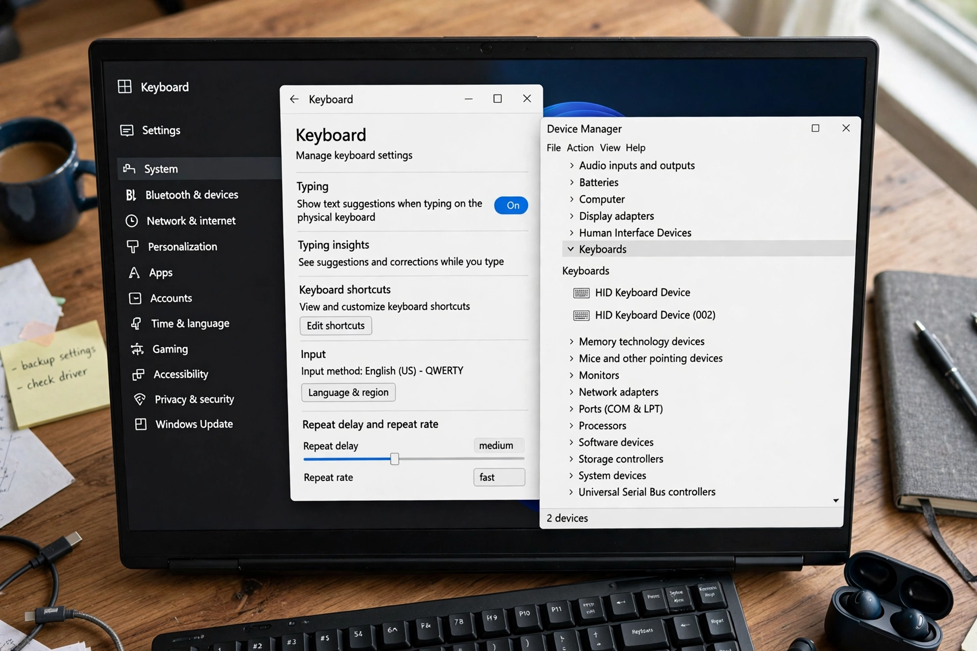 Laptop screen showing Windows keyboard settings and Device Manager keyboards section for fixing keys