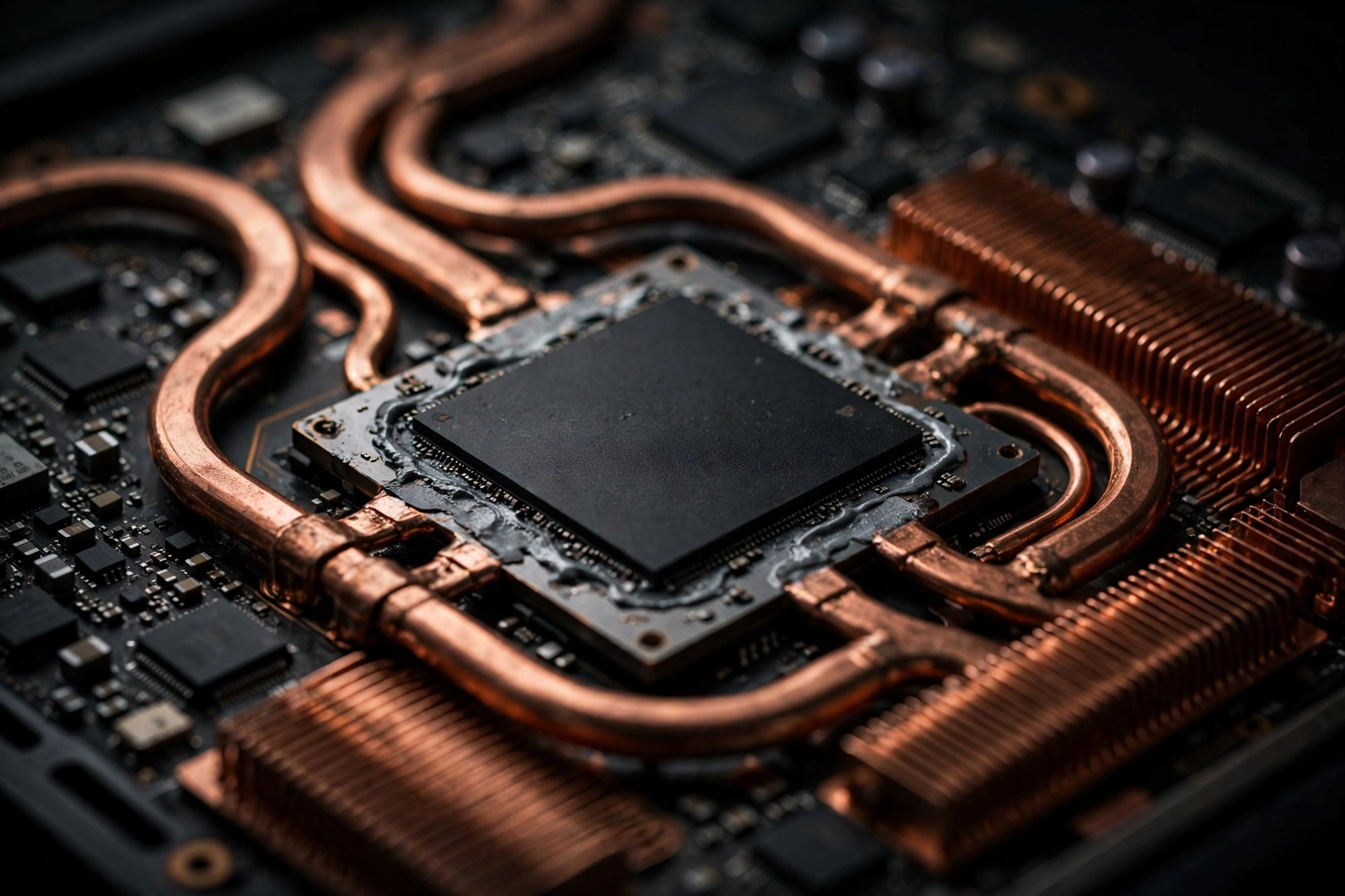 rtx spark laptops chip close-up: RTX Spark processor with copper cooling fins