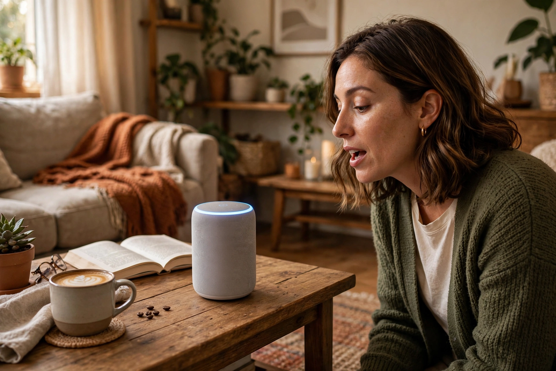 Person giving a secret alexa command to a smart speaker on a coffee table